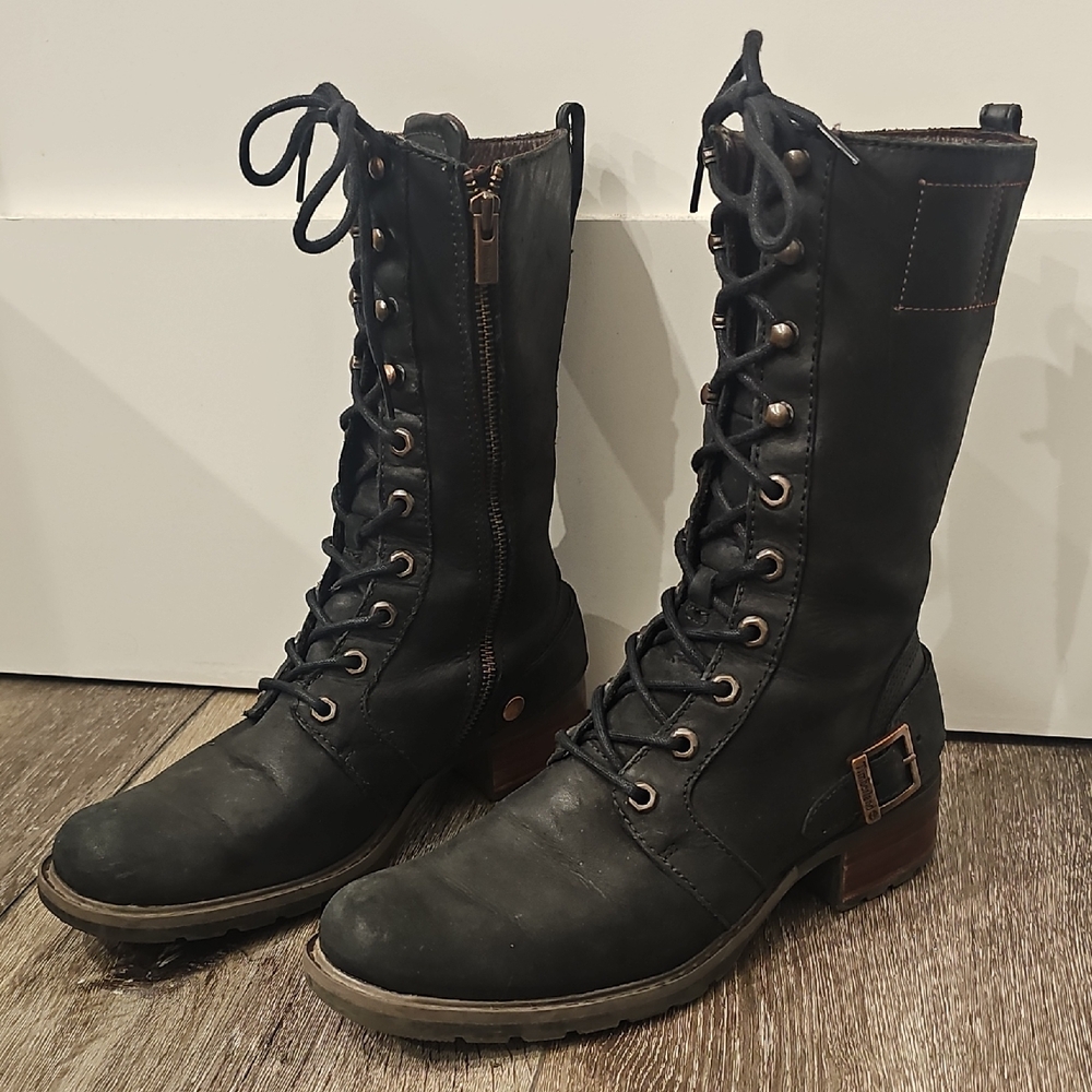 TIMBERLAND Charcoal Black Tall Leather Boots with Bronze Accents